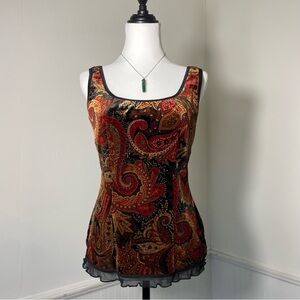J.T.B. - Red Black Paisley Velour Velvet Mesh Fringe Tank Top